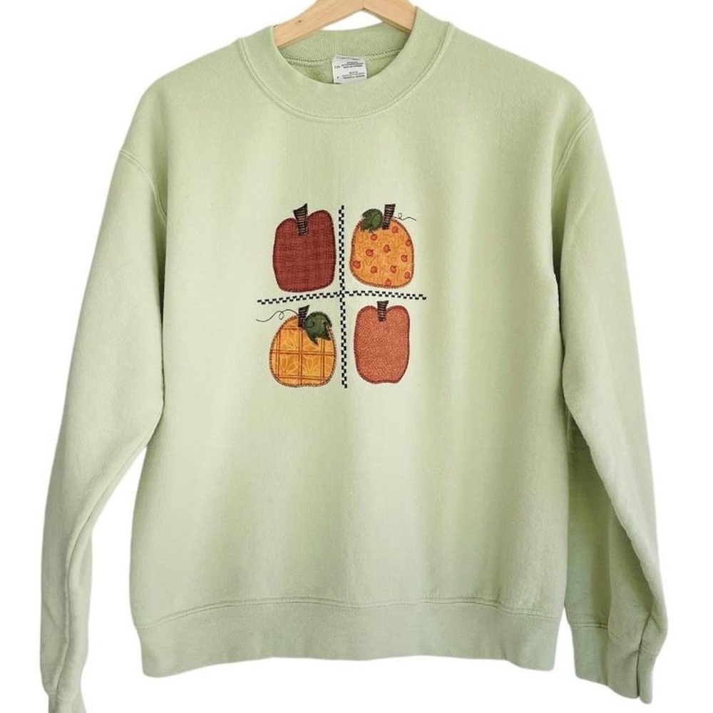 Vintage Mint Pastel Green Embroidered Fall Pumpkin Appliqué Sweater Sweatshirt